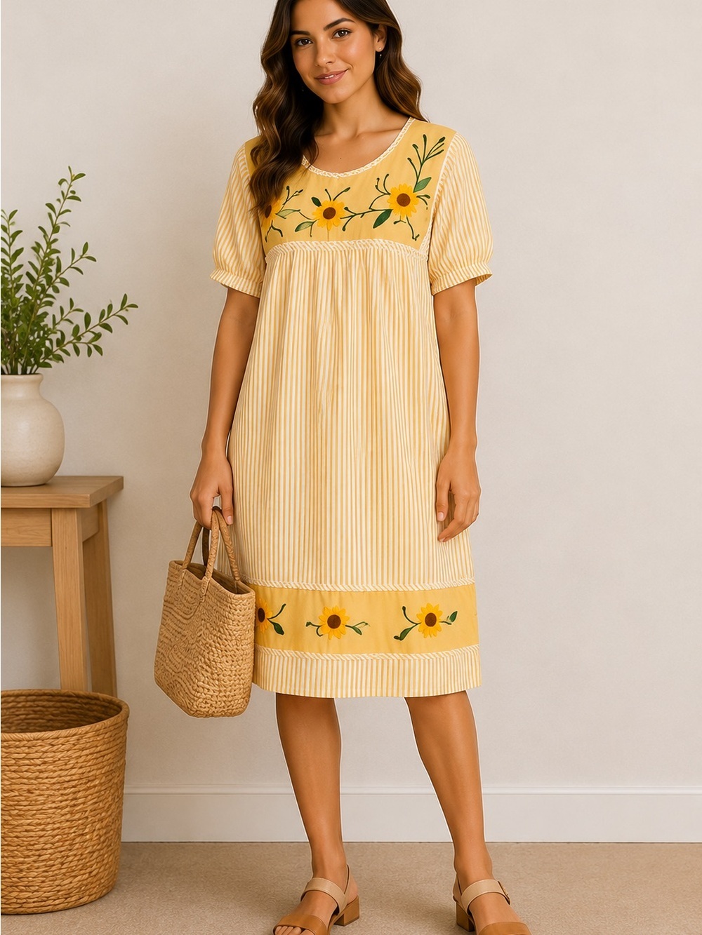 Vintage Woman Within Floral Cotton Embroidered Yellow Garden Dress Pockets Med